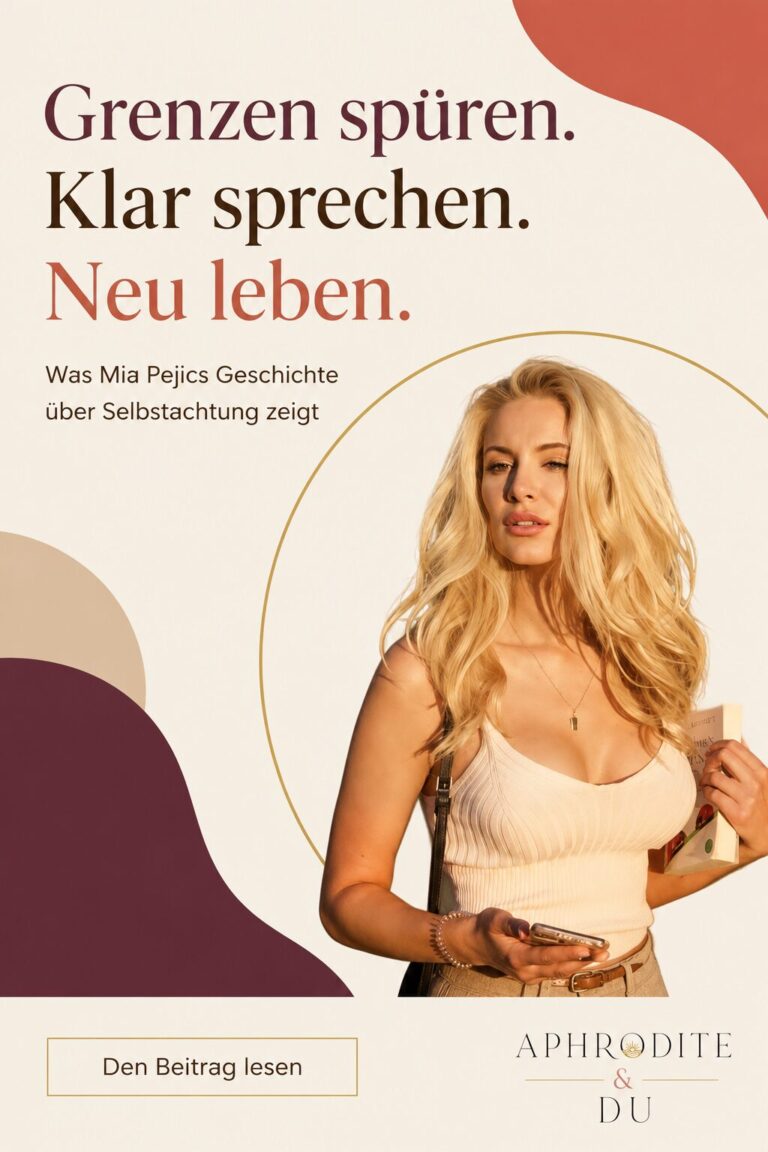 Alt-Text: Porträt von Mia Pejic vor hellen und terrakottafarbenen Flächen, umgeben von einem unvollständigen goldenen Kreis als Symbol für gesunde Grenzen. Das Motiv zeigt, wie klare Kommunikation das Selbstbewusstsein stärken kann. Text: „Grenzen spüren. Klar sprechen. Neu leben.“