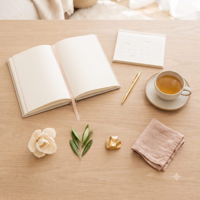 Journal, Kalender und vier Naturelemente auf hellem Tisch als Symbol für Zyklusphasen, Cycle Syncing und sanfte Orientierung im Alltag.