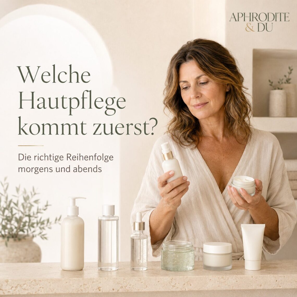 Frau vergleicht verschiedene Gesichtspflegeprodukte, um die richtige Hautpflege-Reihenfolge für morgens und abends festzulegen.