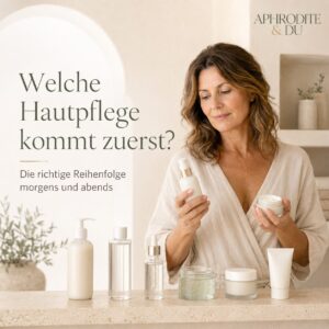 Frau vergleicht verschiedene Gesichtspflegeprodukte, um die richtige Hautpflege-Reihenfolge für morgens und abends festzulegen.