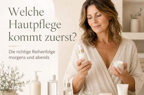 Frau vergleicht verschiedene Gesichtspflegeprodukte, um die richtige Hautpflege-Reihenfolge für morgens und abends festzulegen.