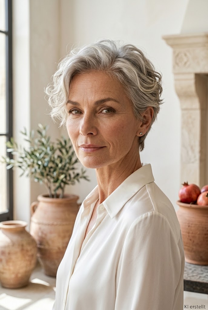 Textured Pixie mit Soft Curls – Weiche Wellen geben dem kurzen Pixie Bewegung und machen ihn überraschend feminin.