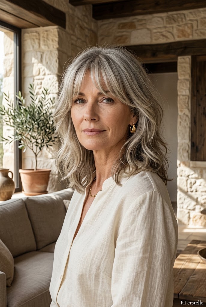Midi-Shag mit Curtain Bangs – Stufen und Curtain Bangs bringen Bewegung ins Haar, ohne die mittlere Länge aufzugeben.