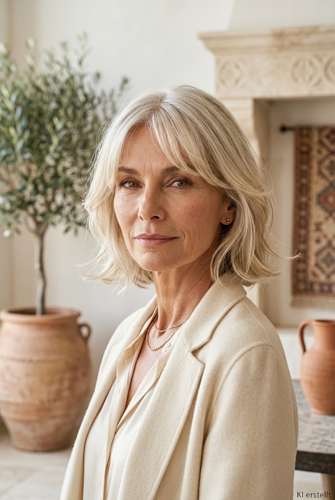 Softer Midi-Bob mit Curtain Bangs – Der Midi-Bob verbindet die Klarheit eines Bobs mit der Beweglichkeit mittellanger Haare.