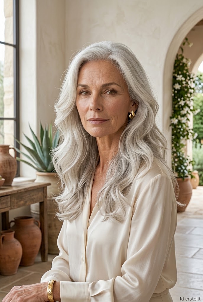 Lange Layer-Waves in Arctic Silver – Lange Stufen verhindern, dass die Wellen schwer wirken. Silbernes Haar wird dabei selbst zum wichtigsten Accessoire.