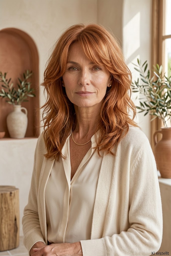 Kupfer-Shag mit Curtain Bangs – Warme Farbe und bewegte Stufen ergeben einen lebendigen, aber nicht lauten Look.