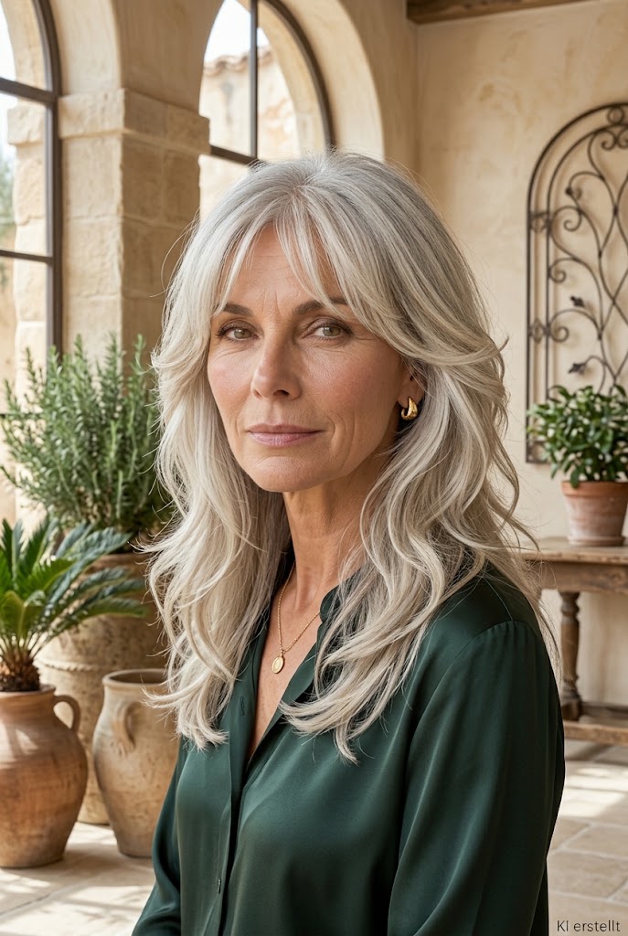 Butterfly-Shag mit Curtain Bangs – Die Stufen rund um das Gesicht geben langen Haaren Volumen und Bewegung.